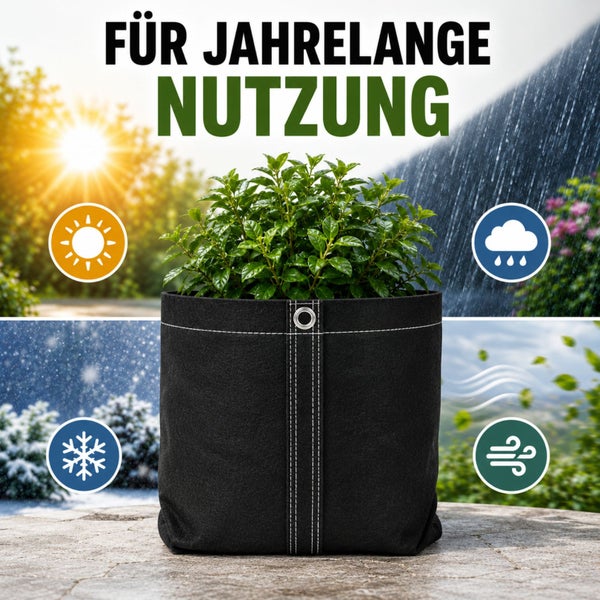 Wetterfester schwarzer Pflanzsack aus Textil, geeignet für Sonne, Regen, Frost und Wind, UV-beständig und atmungsaktiv.