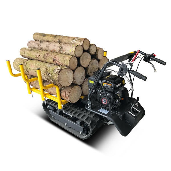 Motorisierte Schubkarre mit Raupenantrieb und Holzstämmen
