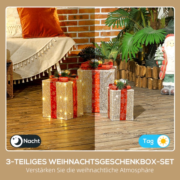 Dreiteiliges Set aus beleuchteten Weihnachtsgeschenkboxen mit Schleifen auf einem Holzboden in einem dekorierten Raum bei Tag und Nacht.
