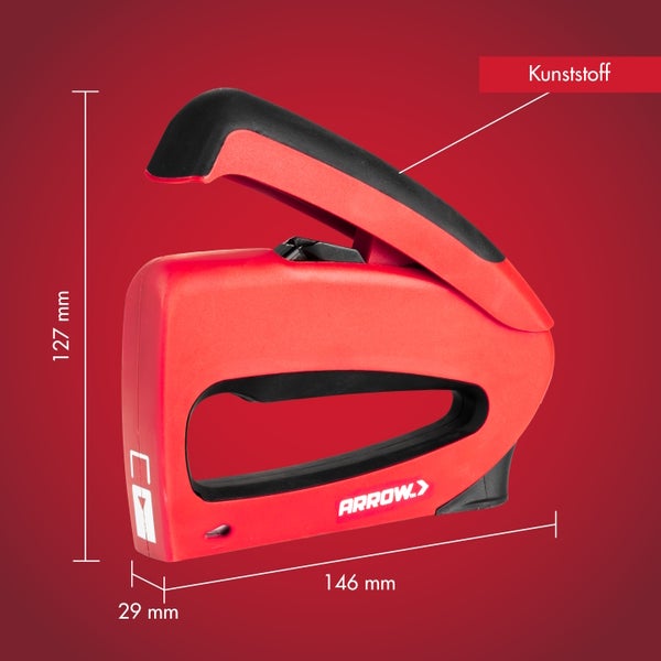 Arrow Handtacker aus Kunststoff, rot, 146 Millimeter Länge, 127 Millimeter Höhe, 29 Millimeter Breite, Arrow Logo.