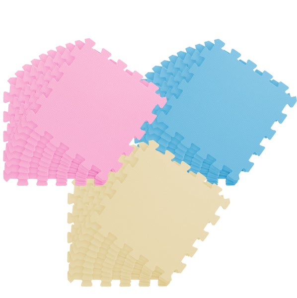 Stapelbare Puzzlematten aus weichem Schaumstoff in Rosa, Blau und Beige mit verzahnten Rändern.