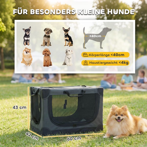 Hundetransportbox für kleine Hunde bis 4 Kilogramm, Maße 60 mal 42 mal 43 Zentimeter, für Hunde mit Körperlänge unter 40 Zentimeter.