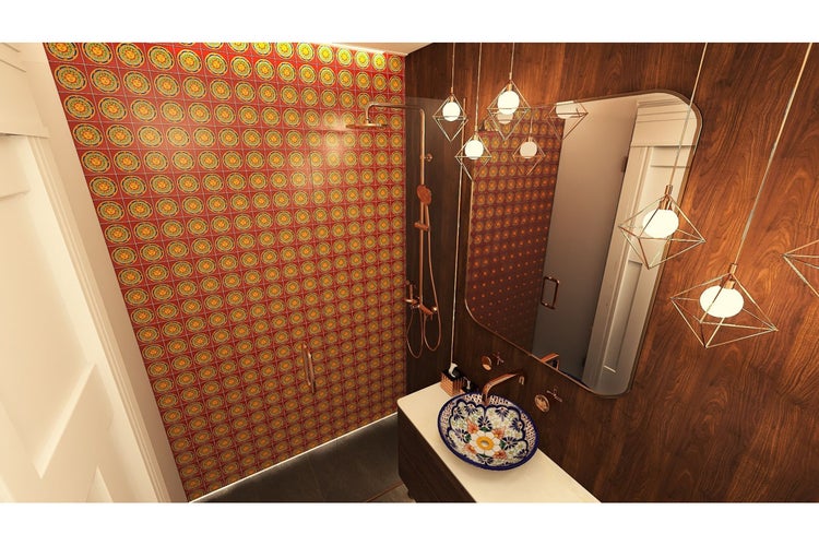 Badezimmer mit Dusche, Waschtisch mit Aufsatzwaschbecken und Spiegel