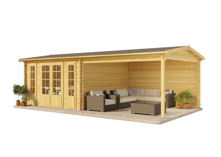Alpholz Gartenhaus Freiburg-44 ISO Gartenhaus aus Holz, Holzhaus mit 44 mm Wandstärke inklusive Terrasse, Blockbohlenhaus mit Montagematerial, Naturbelassen 7,6x4m