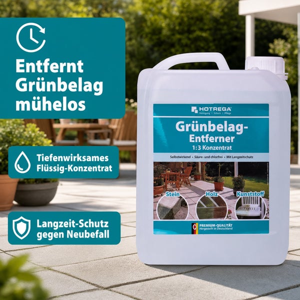 Hotrega Grünbelag-Entferner Konzentrat 1 zu 3 für Stein, Holz und Kunststoff mit Langzeitschutz in einem Kanister auf einer Terrasse.