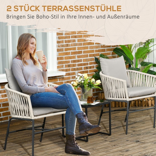 Outsunny Gartenstühle 2er-Set, mit Kissen, im Boho-Stil, 57 x 60 x 71 cm, Stahl, Polyeste, Beige