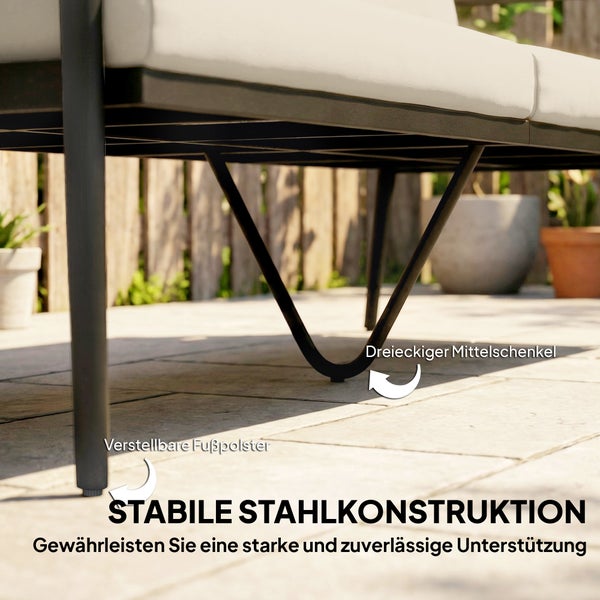 Stabile Stahlkonstruktion für Gartenmöbel mit verstellbaren Fußpolstern und dreieckigem Mittelschenkel für zuverlässige Unterstützung.