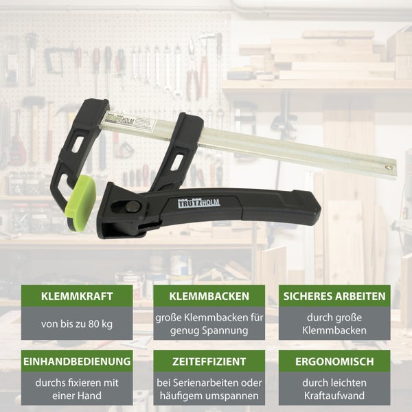 Trutzholm Einhandzwinge mit 80 Kilogramm Spannkraft, großer Klemmbacke und ergonomischem Griff für effizientes Arbeiten in der Werkstatt.