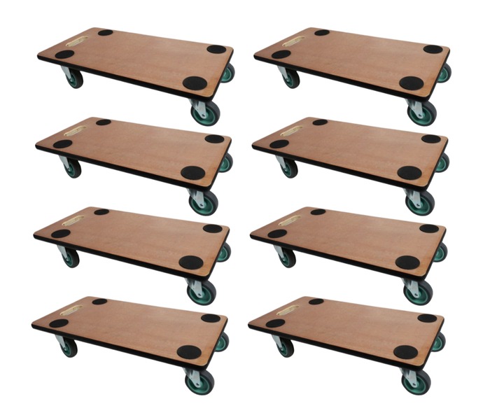 Set mit 8 Transportrollern mit Holzplatte, Antirutschpads, integriertem Tragegriff und vier Lenkrollen.