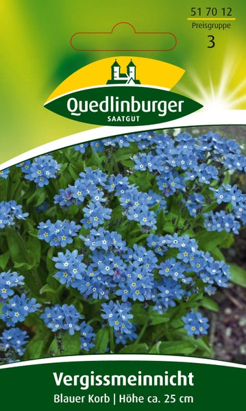 Samenpackung für Vergissmeinnicht Blauer Korb von Quedlinburger Saatgut mit einer Wuchshöhe von circa 25 Zentimeter.