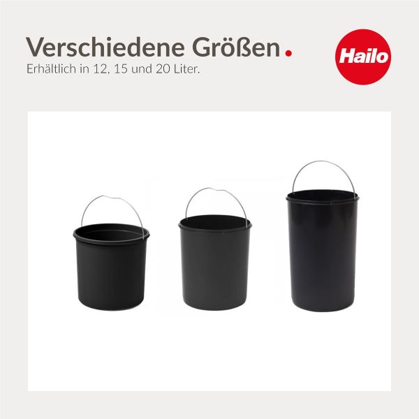 Hailo Logo. Drei schwarze Inneneimer für Mülleimer in den Größen 12 Liter, 15 Liter und 20 Liter mit Metallbügel.