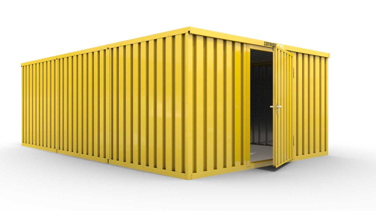 Lagercontainer Gerätehaus L3  – 25 qm, H2150 x B4050 x T6520 mm, Außenwandlackierung RAL 1003 signalgelb, Dach außen verzinkt, mit Holzfußboden, 1270 mm Einflügeltür mittig in Breitseite, montiert