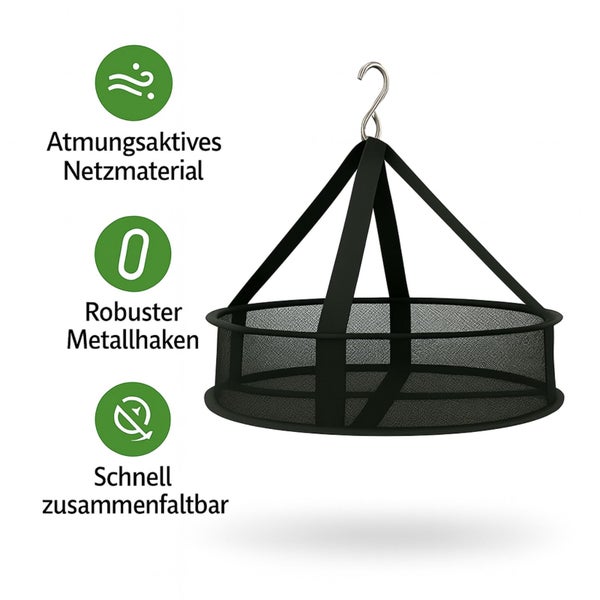 Hängevorrichtung mit atmungsaktivem Netzmaterial und Metallhaken