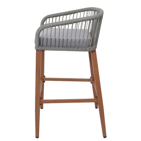 Barhocker mit Armlehne, Seilgeflecht und Holzbeinen