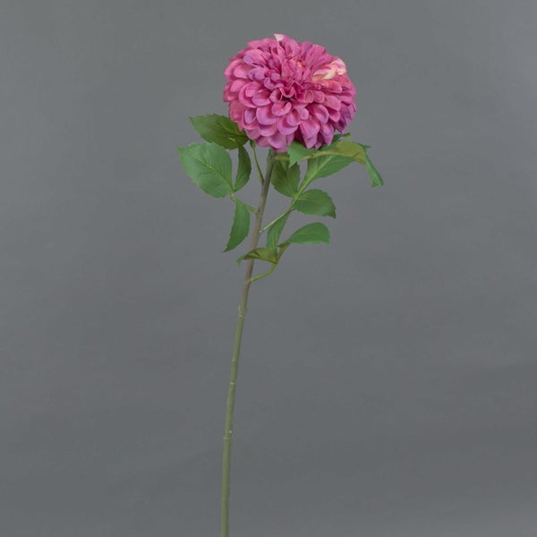 Künstliche Dahlie am Stiel mit Blättern und pinkfarbener Blüte.