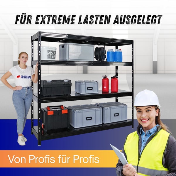 Robustes Schwerlastregal aus Metall mit vier Ebenen, beladen mit Lagerboxen und Kanistern in einer Werkstatt. Proregal Logo
