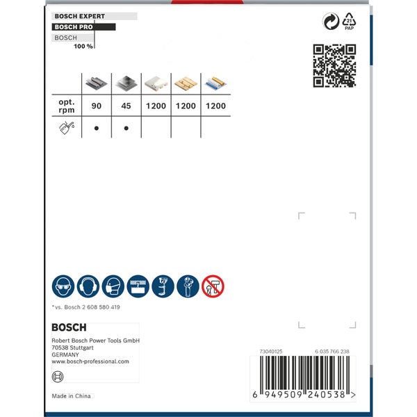 Bosch Verpackung mit Informationen zu Umdrehungen pro Minute und Sicherheitshinweisen