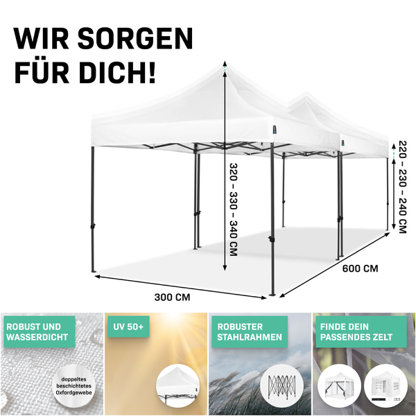 Abbildung eines weißen Faltzeltes mit Maßangaben, darunter Logos, die Robustheit, Wasserdichtigkeit, UV-Schutz und Stahlrahmen hervorheben
