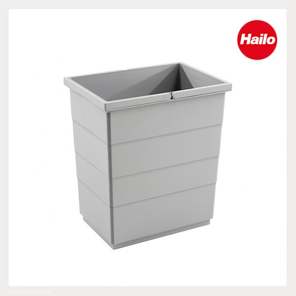 Hailo Mülleimer aus Kunststoff in Grau für Mülltrennsysteme. Hailo Logo.