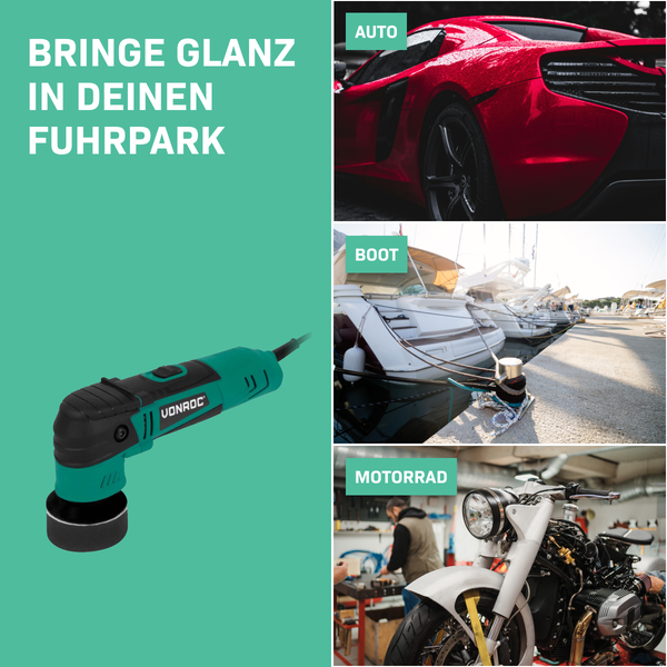 VONROC Dual Action Poliermaschine Auto Set elektrisch - Auto Zubehör Politur zum Kratzer entfernen, Autopflege Set - Variable Geschwindigkeit, 400W, 50-75MM inkl. 2xTräger & 8xPads