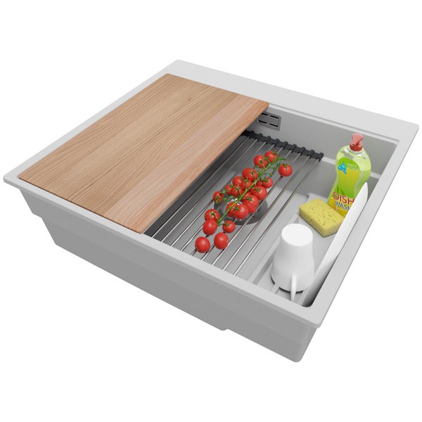 PRIMAGRAN Spülbecken Grau 58x53cm, Granitspüle 1 Becken + Ablauf-Set + Küchenzubehörset, Küchenspüle ab 60er Unterschrank - Oslo Max