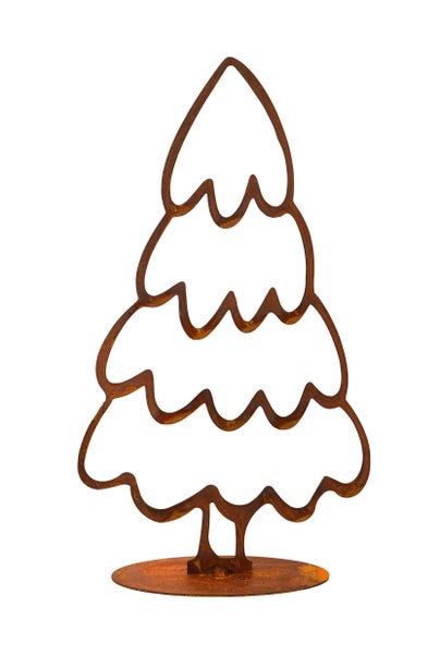 Dekorativer Weihnachtsbaum aus Metall in Rostoptik mit offener Silhouette auf einem runden Standfuß.