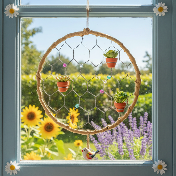 Runde Fensterdekoration aus Drahtgeflecht und Bast mit kleinen Tontöpfen, Sukkulenten und Vogelfigur vor einem hellen Fenster mit Gartenblick.