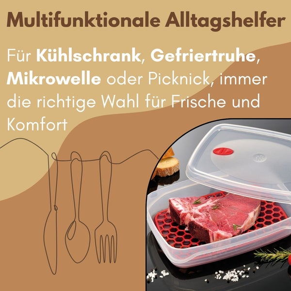 Lebensmittelbehälter mit Deckel und rotem Gittereinsatz für die Aufbewahrung von Lebensmitteln