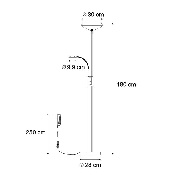 Skizze einer Stehlampe mit den Maßen: 180 cm Höhe, Lampenschirmdurchmesser 30 cm, Leselampendurchmesser 9,9 cm, Fußdurchmesser 28 cm und Kabellänge 250 cm