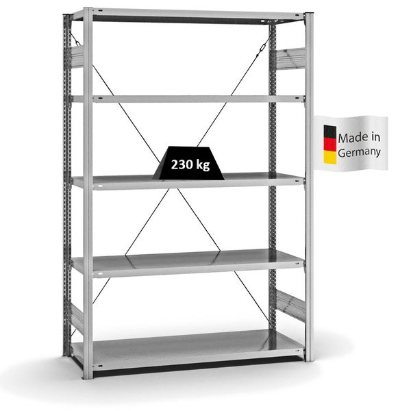 PROREGAL Fachbodenregal Stecksystem T-Profil Medium-Duty Grundregal HxBxT 200 x 130 x 50 cm 5 Ebenen Fachlast 230 kg Einseitig Nutzbar Verzinkt