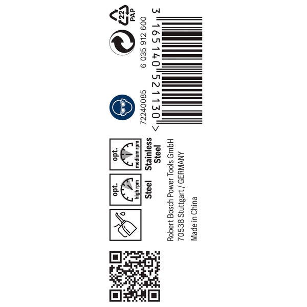 Informationen zu optimaler Drehzahl, Materialeignung, Hersteller und Herkunftsort.