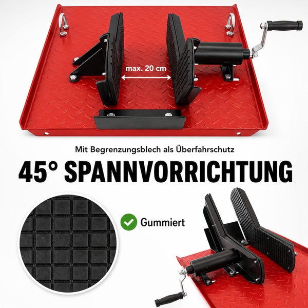 Motorrad-Spannvorrichtung für Hebebühnen, gummierte Klemmbacken, maximal 20 Zentimeter Spannweite, 45 Grad Winkel, mit Begrenzungsblech.