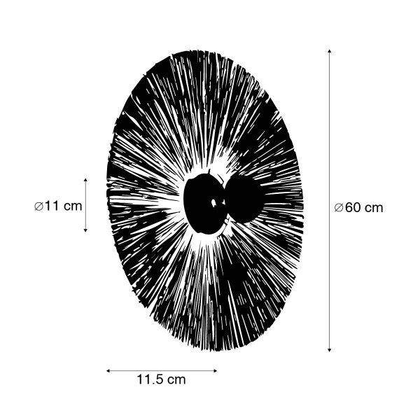 Technische Zeichnung Wandleuchte mit Strahlenmuster, Durchmesser 60 Zentimeter, Tiefe 11.5 Zentimeter, Sockel 11 Zentimeter.