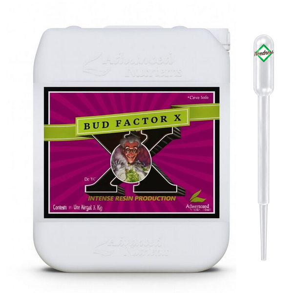 Advanced Nutrients Bud Factor X Pflanzendünger in einer Kunststoffflasche mit Pipette zur Unterstützung der Harzproduktion.