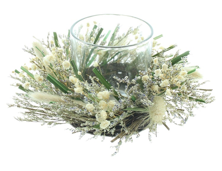 FRANK FLECHTWAREN|Windlicht Flower Whispers, Ø 18 x 8 cm, GLAS, NATURMATERIALIEN, RATTAN