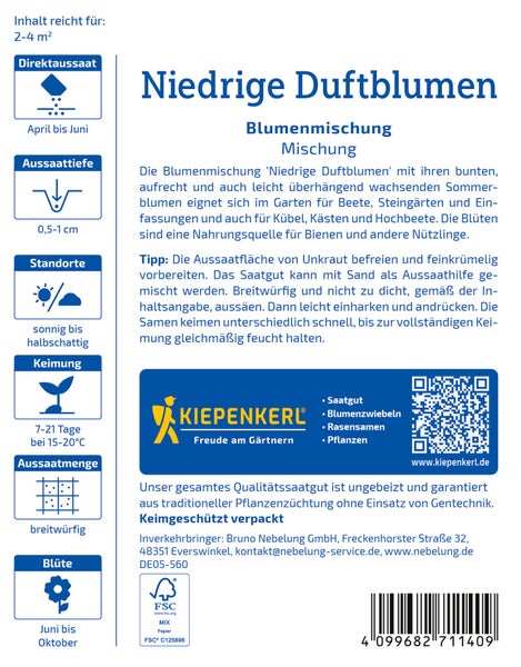 Saatgut Mischung Niedrige Duftblumen von Kiepenkerl fuer Beete und Balkonkaesten mit Aussaat und Pflegehinweisen auf der Verpackung.