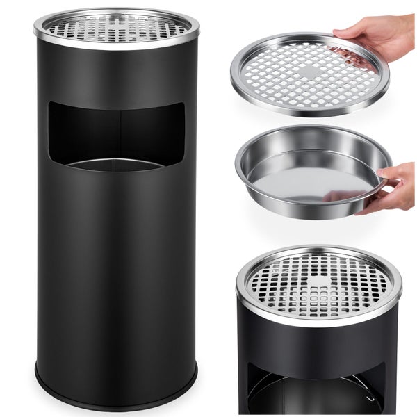 Schwarzer Standascher mit integriertem Abfalleimer sowie abnehmbarem Gitter und Einsatz aus Edelstahl.