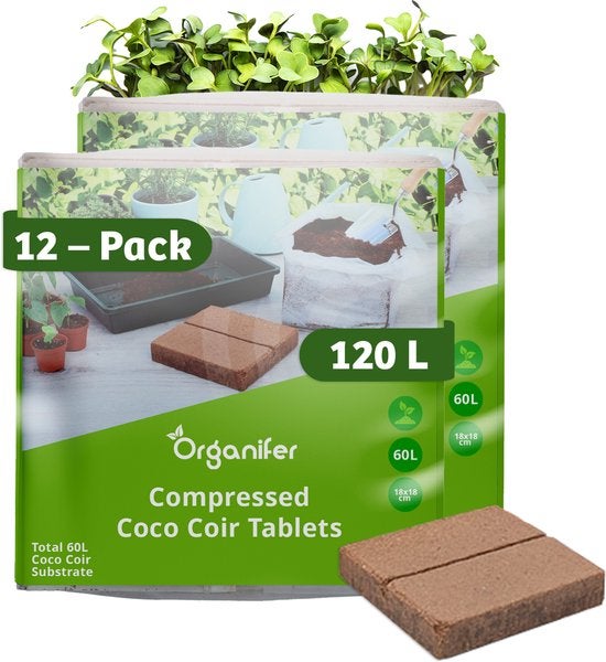 Gepresste Kokosfasertabletten in 10-Liter-Beuteln – 12er-Pack – 120 Liter - Organifer