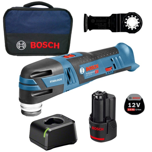 Bosch Multifunktionswerkzeug Set mit Akku, Ladegerät, Zubehör und Tasche