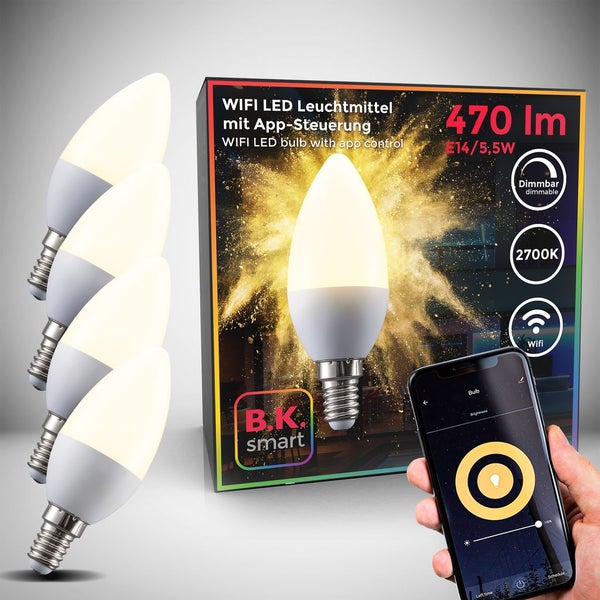 4er-Set B.K. smart WLAN LED-Leuchtmittel in Kerzenform, E14-Sockel, 5,5 Watt, 470 Lumen, warmweiß 2700 Kelvin, dimmbar mit App-Steuerung.
