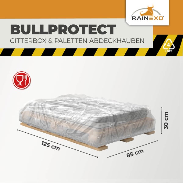 BULLPROTECT Palettenabdeckhaube aus LDPE, lebensmittelecht. Maße 125 Zentimeter mal 85 Zentimeter mal 30 Zentimeter. RAINEXO Logo.