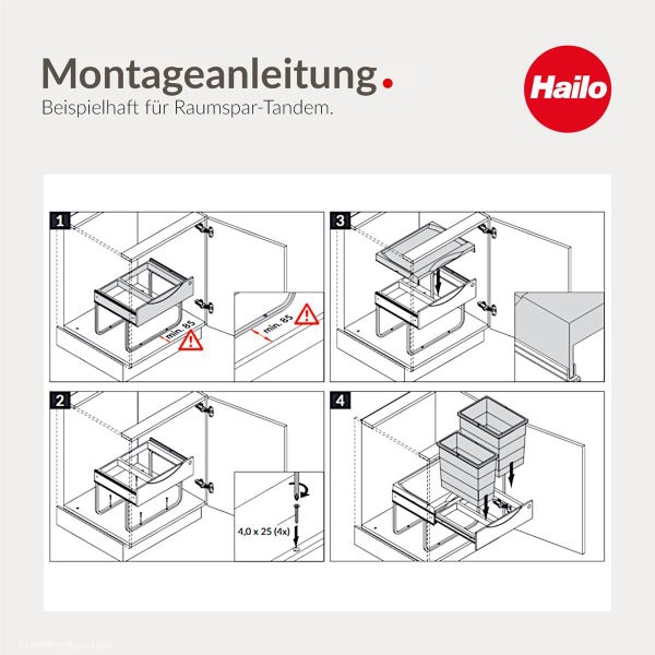 Vierteilige Montageanleitung für Hailo Raumspar-Tandem Abfallsammler im Küchenunterschrank mit Hailo Logo.