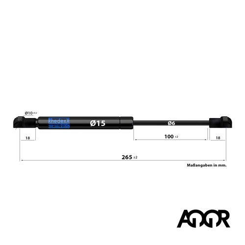 Gasdruckfeder 100 Newton, Gesamtlänge 265 Millimeter, Hub 100 Millimeter, Durchmesser 15 Millimeter.
