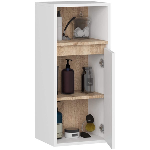 Weißer Badezimmerschrank mit Regalen und geöffneter Tür