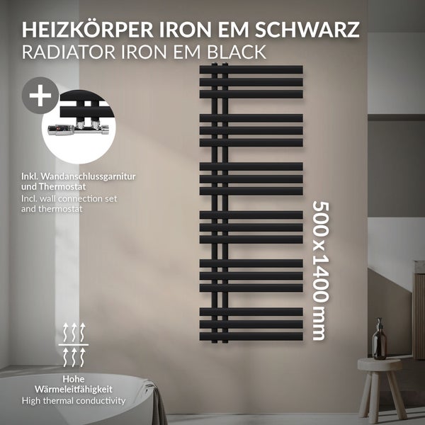LuxeBath Badheizkörper Iron EM 500x1400 mm Schwarz matt Mittelanschluss mit Anschlussgarnitur und Thermostat Eck Wand Chrom, Heizkörper Bad Heizung Handtuchwärmer Handtuchtrockner Handtuchheizkörper