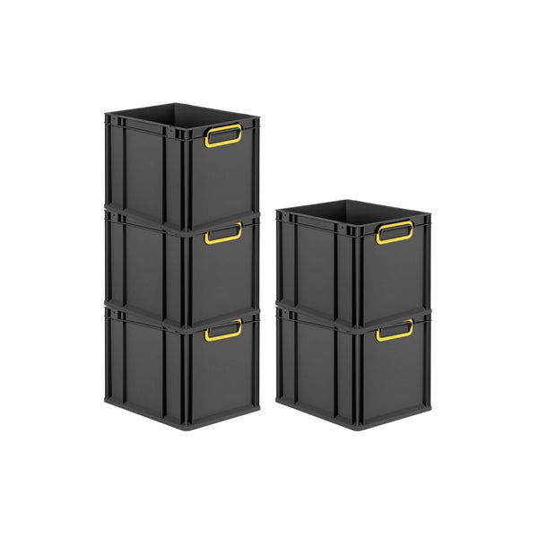 PROREGAL SparSet 5x Eurobox NextGen Color, HxBxT 32x30x40cm, 30 Liter, Griffe gelb geschlossen, Schwarz, Eurobehälter, Transportbox, Transportbehälter, Stapelbehälter