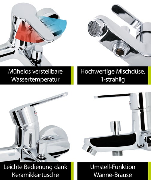 aquaSu® Badewannenarmatur Jetmix Style, mit Typ 1/2 '' Brauseabgang unten und Umstell-Funktion, Einhebelmischer Messing, Aufputz-Armatur Badewanne in Chrom, 787826