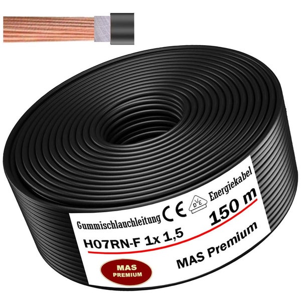Gummischlauchleitung MAS Premium H07RN-F 1 x 1,5, Länge 150 Meter, Energiekabel mit Europäischer Konformität und VDE Prüfzeichen.