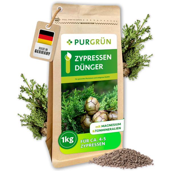 Purgrün Zypressendünger 1 Kilogramm mit Magnesium und Tonmineralien für circa 4 bis 5 Zypressen, hergestellt in Deutschland.