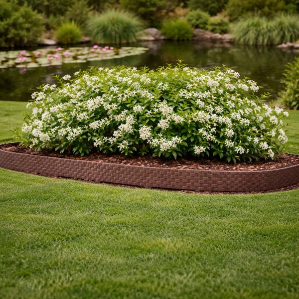Gartenlandschaft mit Busch und brauner Rasenkante